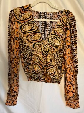 NWOT Free People Black & Orange Paisley Boho Western V-Neck Long Sleeve Crop Top